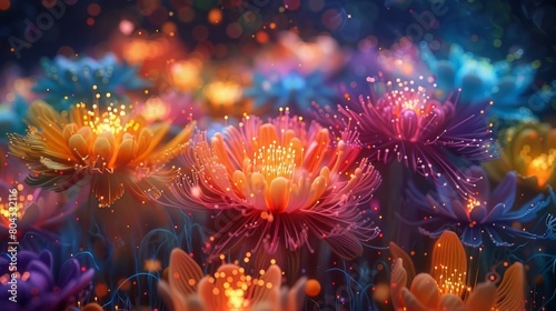 A colorful field of flowers with a bright, vibrant atmosphere. The flowers are in various shades of pink, purple, and yellow, and they are surrounded by a glowing, sparkling effect