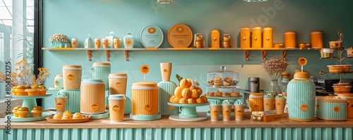 A bakery with orange and green decorations, filled with various pastries and cakes on display. photo