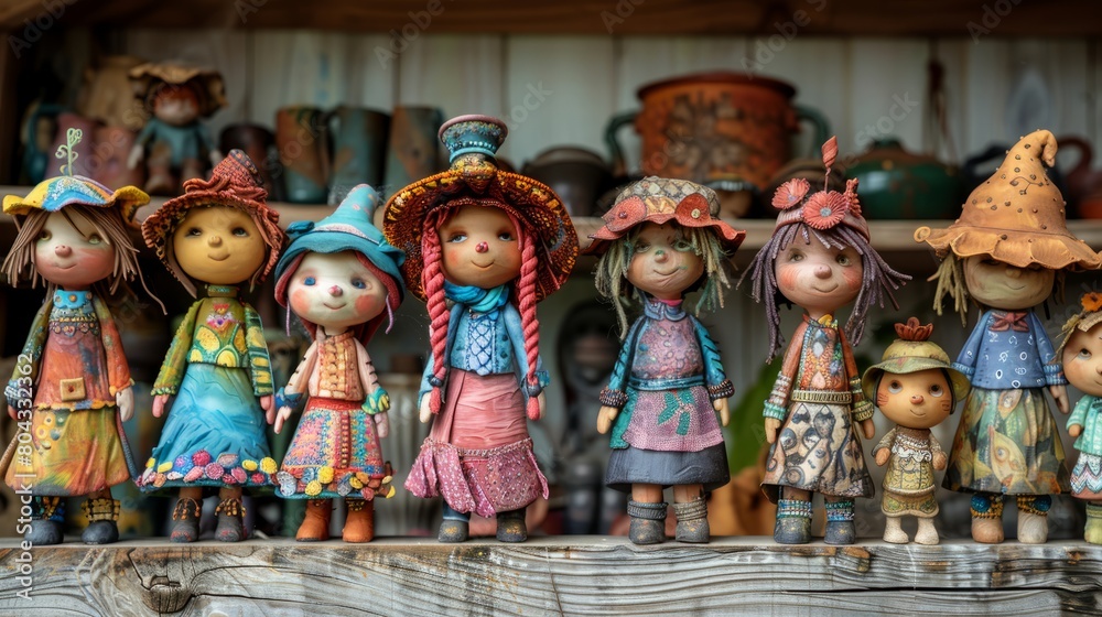 A group of dolls are lined up on a shelf, with some wearing hats and others wearing dresses. The dolls are of various sizes and colors
