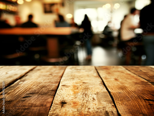 A wooden table in focus with a blurred caf? background, highlighting a warm, inviting atmosphere. Generative AI