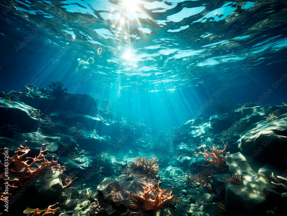 Underwater seascape with sunbeams penetrating the ocean, illuminating rocks and coral, photo-realistic style, blue water background, concept of marine life. Generative AI