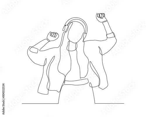 Continuous single one line sketch drawing of young woman happy listening music melody on headphones earphone object technology entertainment vector illustration
