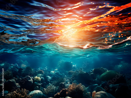Underwater scene with coral reef and sunlight reflecting on the surface, with a conceptual vibe, Generative AI. Generative AI