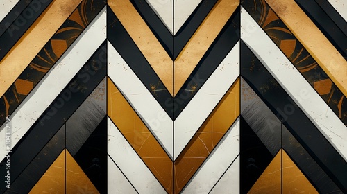 A sleek, modern interpretation of Art Deco patterns, with sharp angles and bold lines in a palette of black, gold, and white, suggesting the timeless appeal of this design era. 32k,