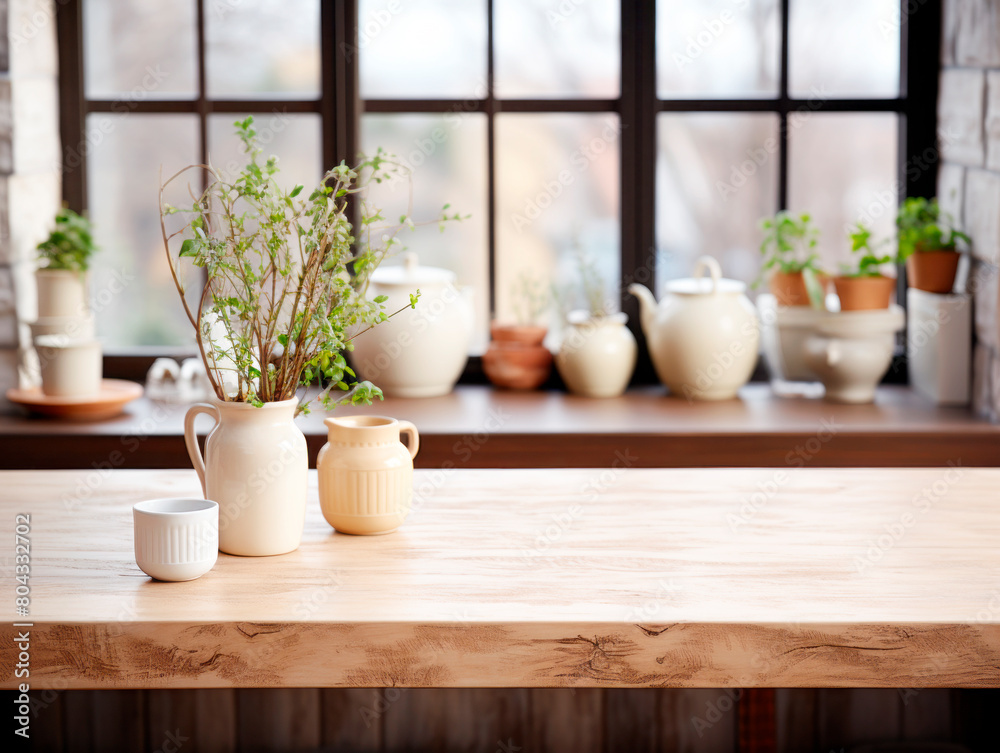 Ceramic tea set and fresh plants on a wooden kitchen counter in front of a window, evoking a homey and serene concept, Generative AI. Generative AI
