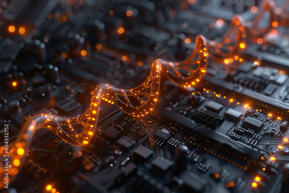 DNA molecules are rendered in exquisite 3D detail cleverly integrated into computer hardware showcasing revolutionary methods of data encoding and retrieval. Generative ai. DNA molecules are rendered in exquisite 3D detail cleverly integrated into computer hardware showcasing revolutionary methods of data encoding and retrieval. Generative ai.