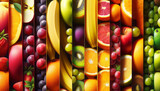 A vibrant collage of various sliced fruits displaying rich textures on a shadowed background, conveying the concept of freshness and abundance. Generative AI