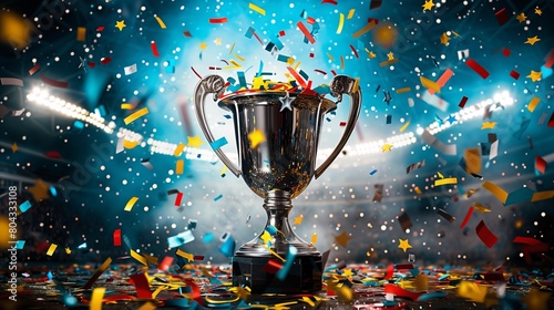 A silver cup with a gold rim is surrounded by colorful confetti photo