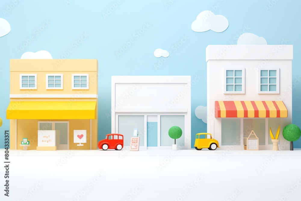 3d rendering of a toy town with colorful buildings and cars