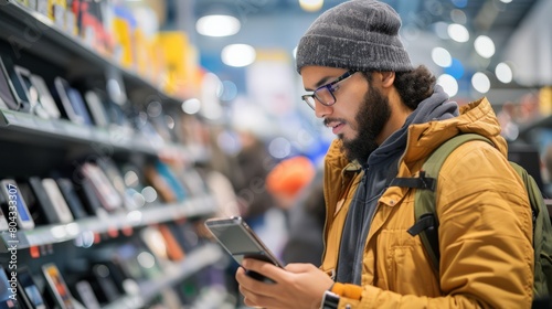 Man in a beanie shopping for electronics, comparing prices on his smartphone.