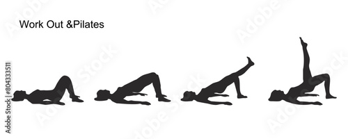 Set of Pilates and Work out silhouette icons. 
Yoga and pilates poses silhouette collection. Vector illustration.