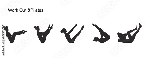 Set of Pilates and Work out silhouette icons. 
Yoga and pilates poses silhouette collection. Vector illustration.