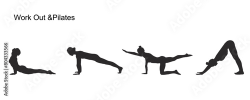 Set of Pilates and Work out silhouette icons. 
Yoga and pilates poses silhouette collection. Vector illustration.