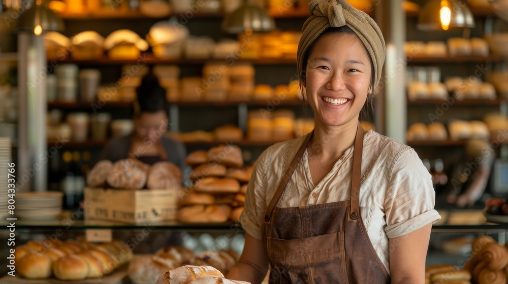 Happy asian female baker holding baking sheet with rolls in bakery kitchen, smiling woman chef