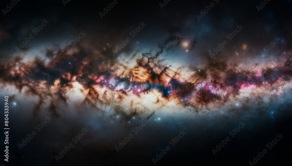 Obraz premium A vast cosmic scene with vibrant star clusters, set against a dark space background, reflecting the concept of the universe's beauty. Generative AI