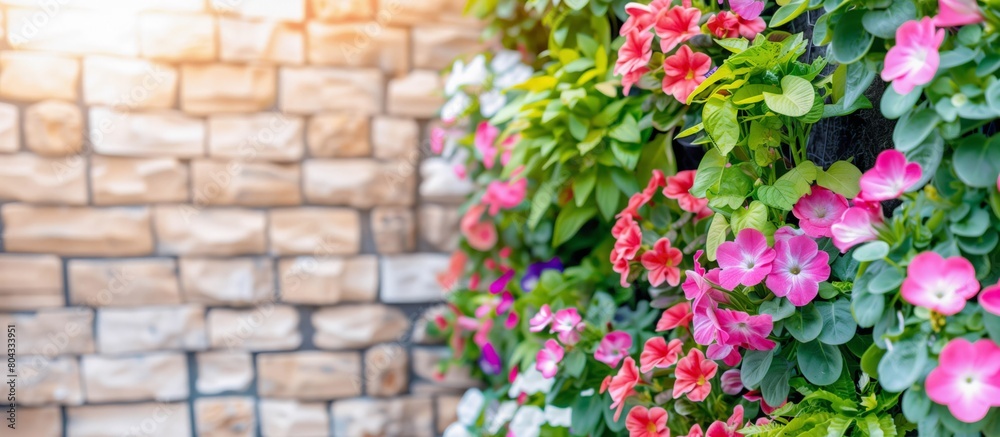 A colorful array of pink petunias flourishing on a living wall next to a sandstone brick wall