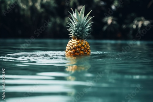 a pineapple floating in water  surrounded by nature  creating a serene and unusual visual combination