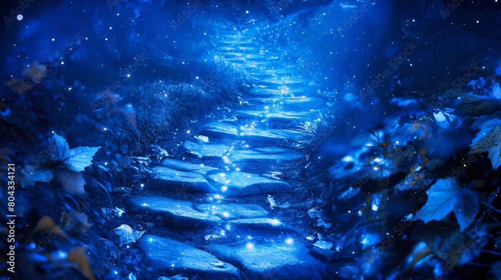 Naklejka premium A fairytale-like stone pathway illuminated by magical blue lights in a mystical forest