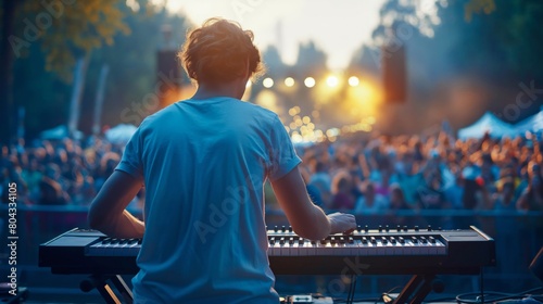 Back view of a keyboardist performing live on stage with the crowd and sunset in the background photo