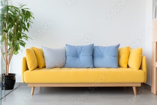 Yellow Couch With Blue Pillows and Potted Plant