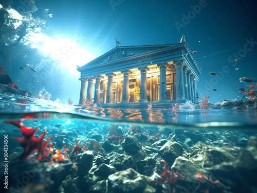 An underwater scene with classical architecture, sunlight filtering through water, aquatic life, and submerged ruins. Generative AI