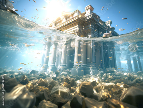 An underwater scene with a sunken classical building surrounded by debris, brightly lit, with a blue and gold tone, showcasing a concept of lost grandeur. Generative AI