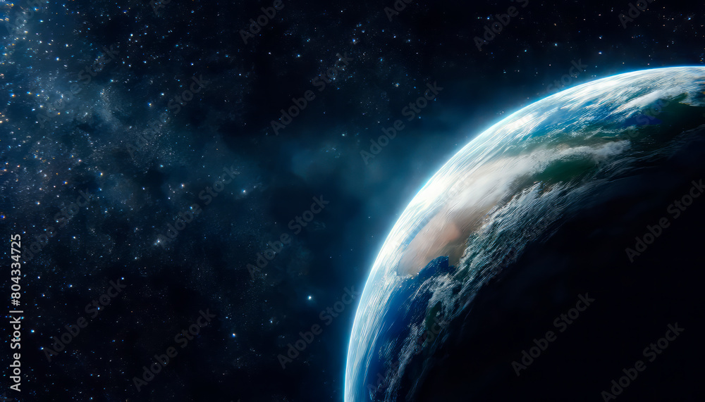 An image showing Earth from space with a starry cosmos background, illustrating a space exploration concept. Generative AI