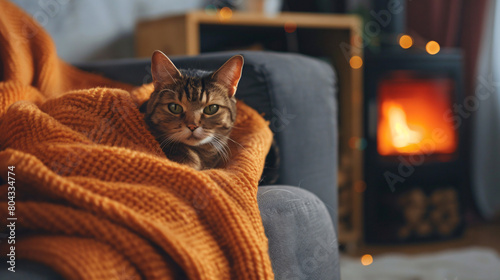 Cute cat with warm blanket sitting on sofa 