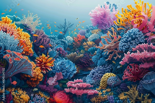 Vibrant exchange illustrated A biological illustration of a diverse marine ecosystem  showcasing a vibrant network of colorful coral reefs teeming with life.