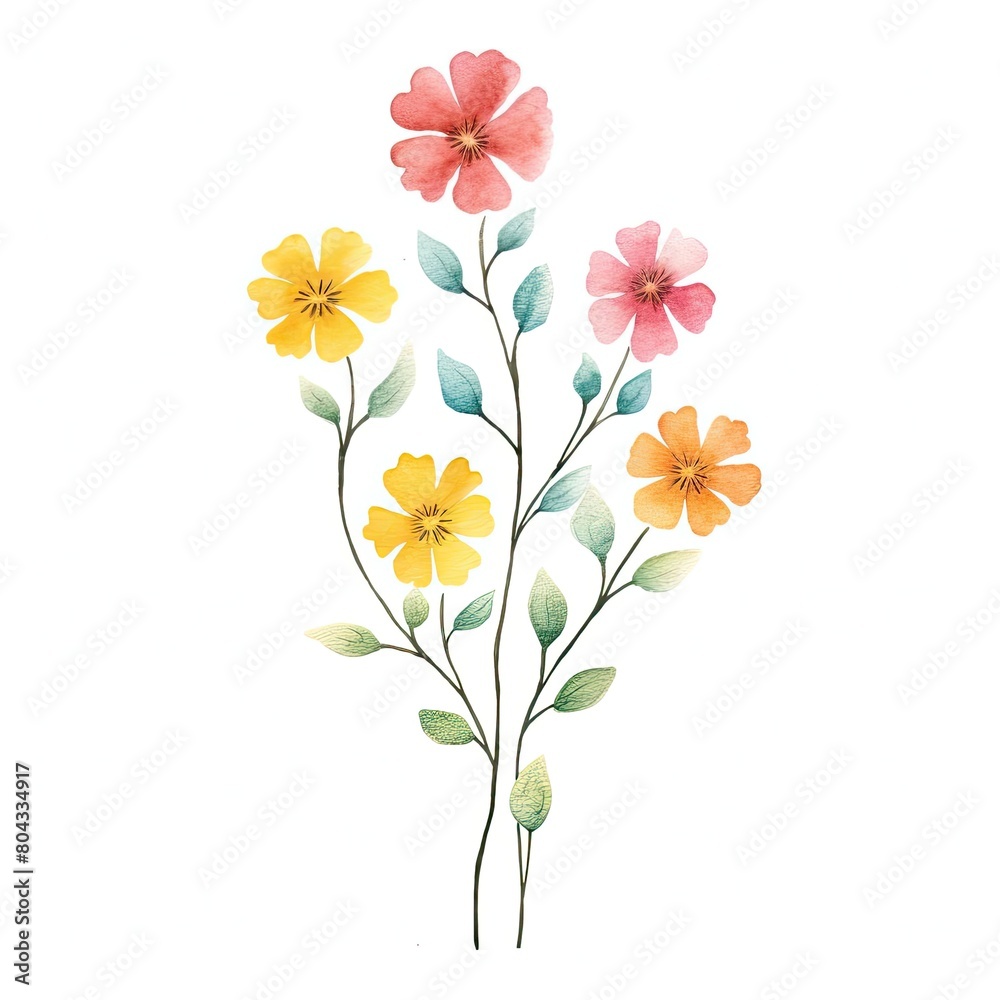 Simple and elegant floral crayon illustration with pink, yellow, and green flowers against a white backdrop