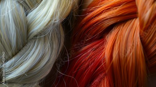 Two different colored hairs are shown in a close up.