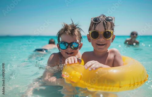 Two happy children with yellow sunglasses hugging an inflatable ring in the sea, summer vacation