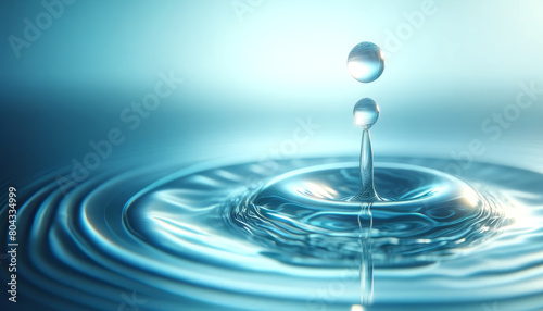 A water droplet suspended above a ripple on a blue background, illustrating the concept of purity. Generative AI