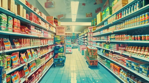 Artistic view of a grocery store aisle with a variety of products. Stylized and colorful shopping environment