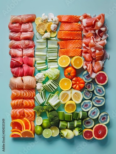 Diagonal Food Arrangement on Vibrant Background Advertisinginspired Culinary Art