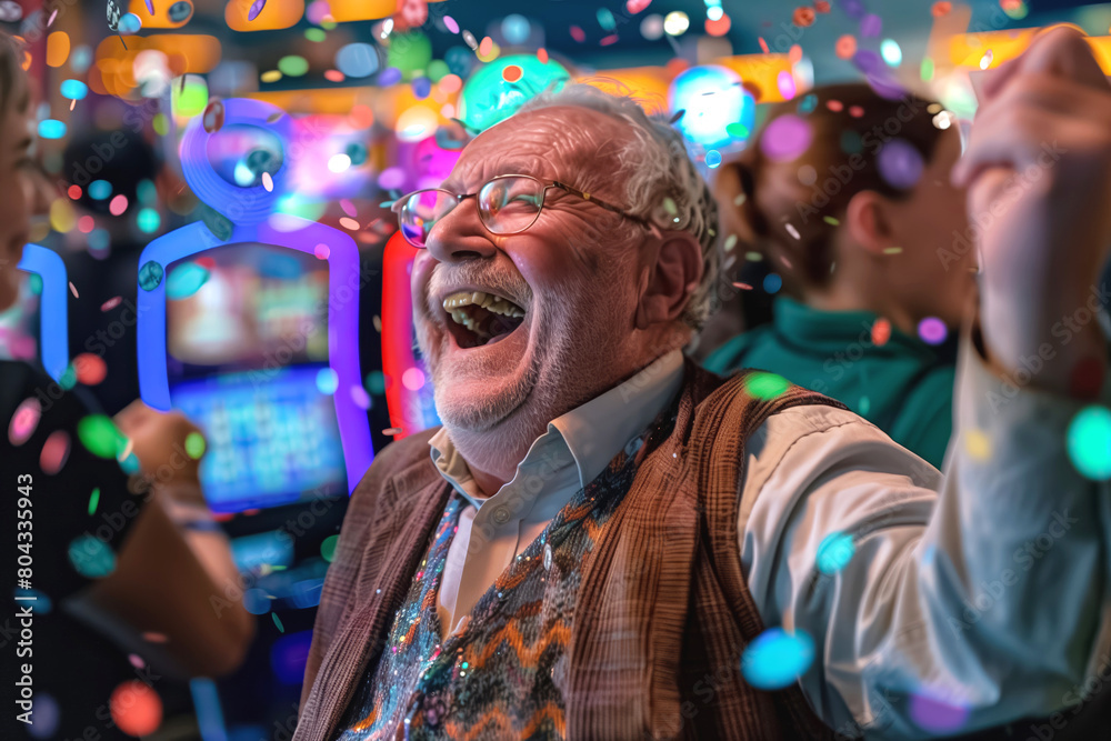 Obraz premium Elderly man in joyful celebration at the casino.