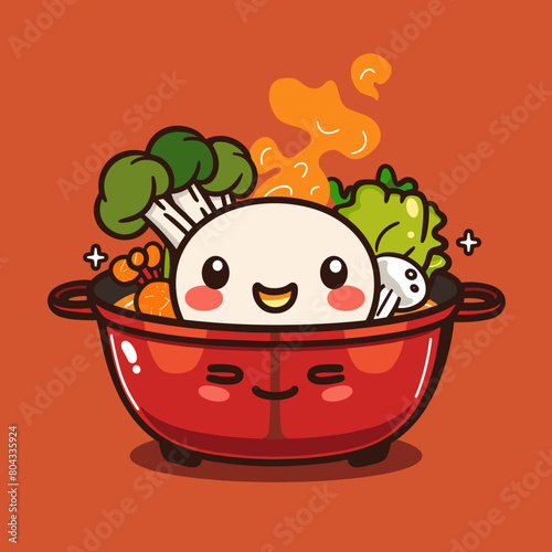 A cartoon character is in a bowl of soup. The character is smiling and he is enjoying the soup