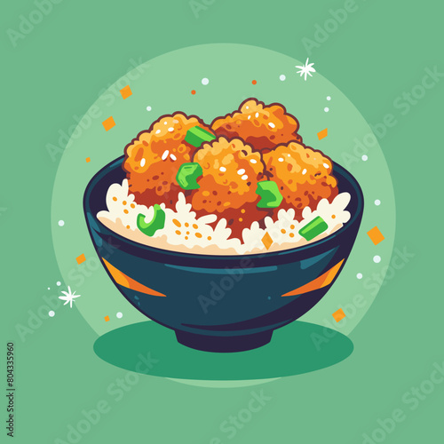 A bowl of Karaage food with rice and meat in it