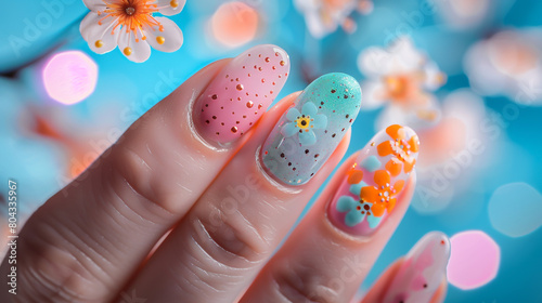 brightly colored manicure with flowers and blossoms on it