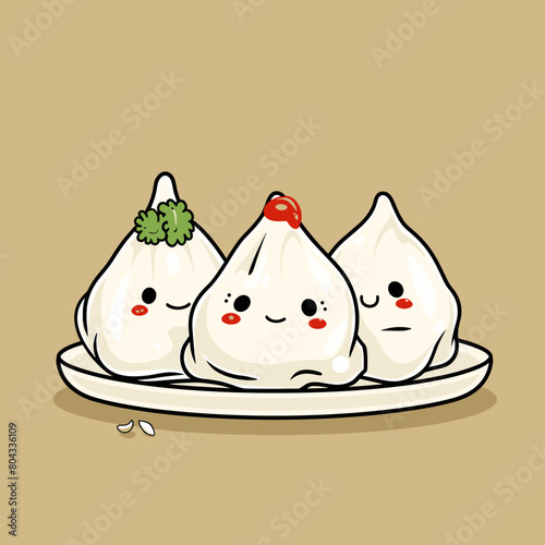 Three cartoon Manti Turkish dumplings items on a plate, one of which is a dumpling