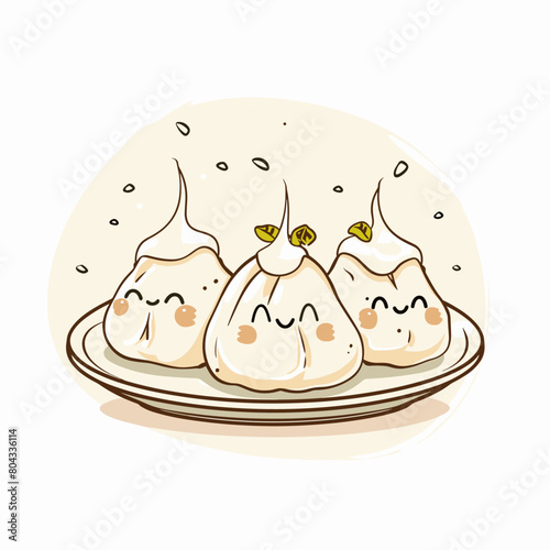 Three cute cartoon Manti Turkish dumplings items on a white plate