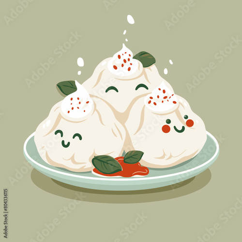 A cartoon of three Manti Turkish dumplings with smiling faces on a plate
