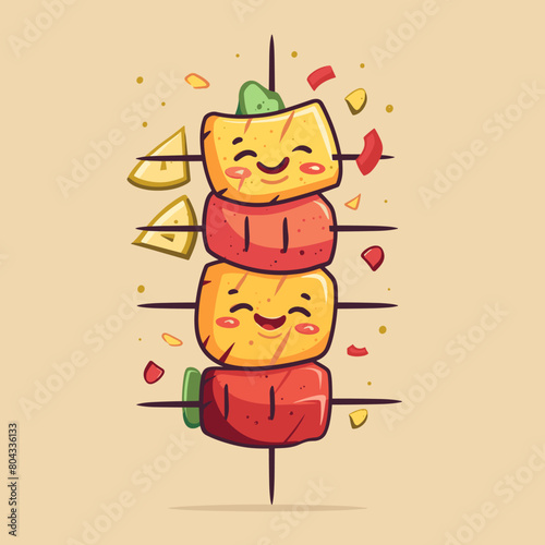 A cartoon image of a skewer of meat with a pineapple and a piece of cheese