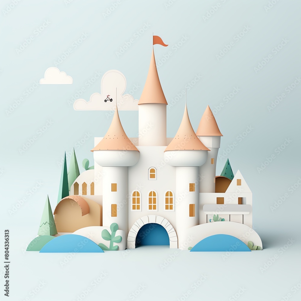 Fototapeta premium A cute cartoon castle with a blue moat and a red flag on top. The castle has four turrets and a large gate. There are some trees and clouds in the background.