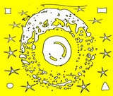 Fondo amarillo abstracto con estrellas y figuras geométricas para usar como base para diseños, murales y otros.