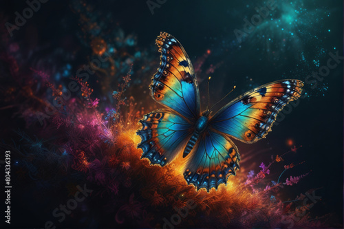 Colorful composition with a bright butterfly surrounded by flowers and glowing elements on a dark background