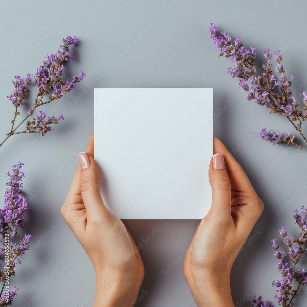 A minimal flat lay of a blank note card with a lavender border. A minimal flat lay of a blank note card with a lavender border.