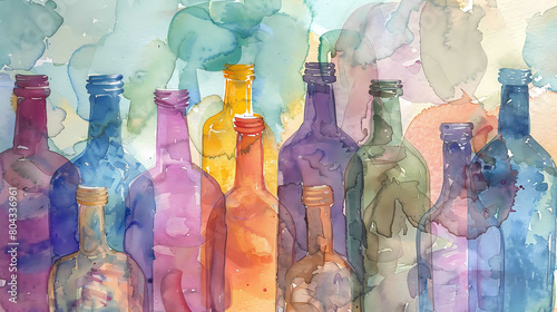 watercolor painting of colorful bottles