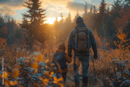 A father leads a young child by the hand on a hike through an autumnal forest at sunset