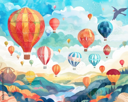 A beautiful watercolor painting of hot air balloons flying over a mountain landscape.